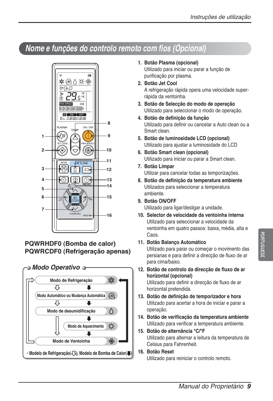 Modo operativo, Manual do proprietário 9 | LG ARNU09GSEL2 User Manual | Page 81 / 205