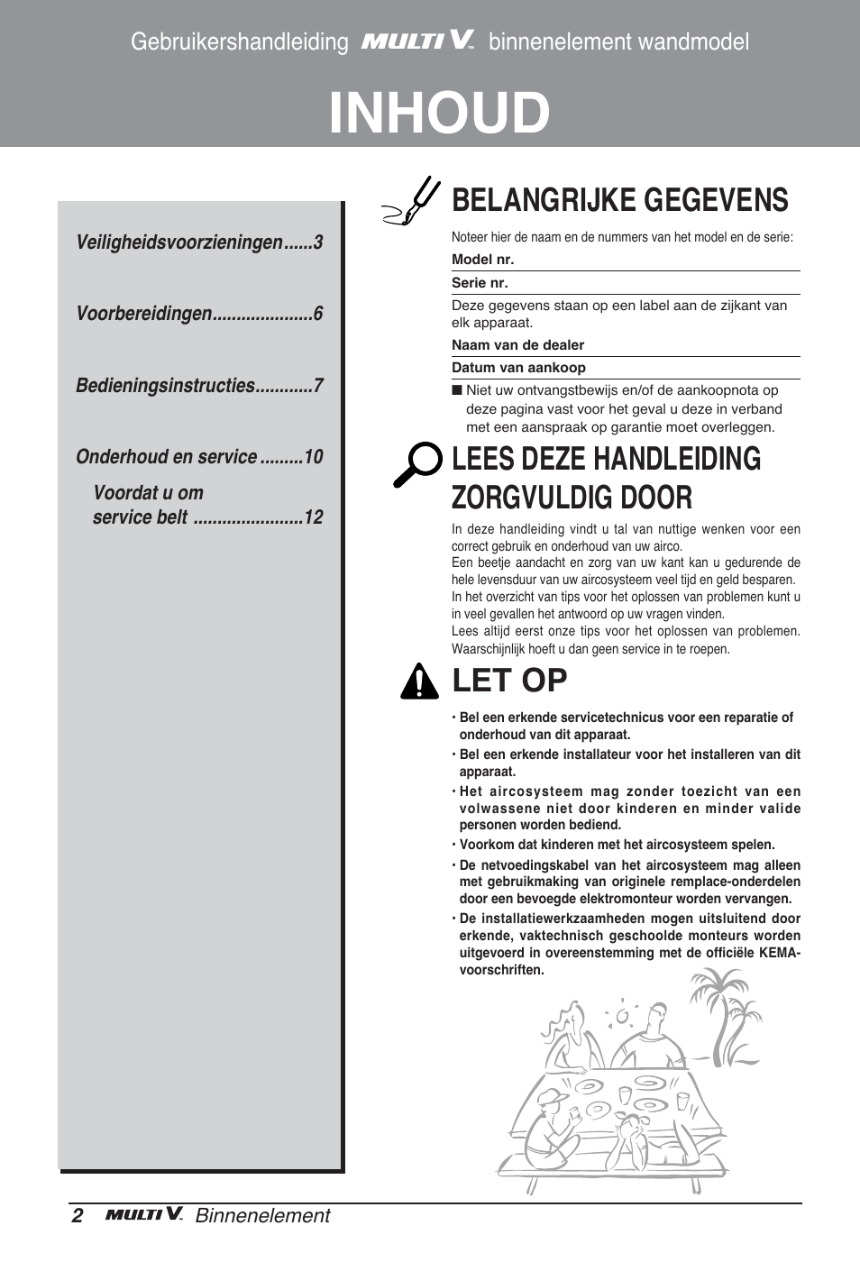 Inhoud, Belangrijke gegevens, Lees deze handleiding zorgvuldig door | Let op, Gebruikershandleiding binnenelement wandmodel | LG ARNU09GSEL2 User Manual | Page 86 / 205