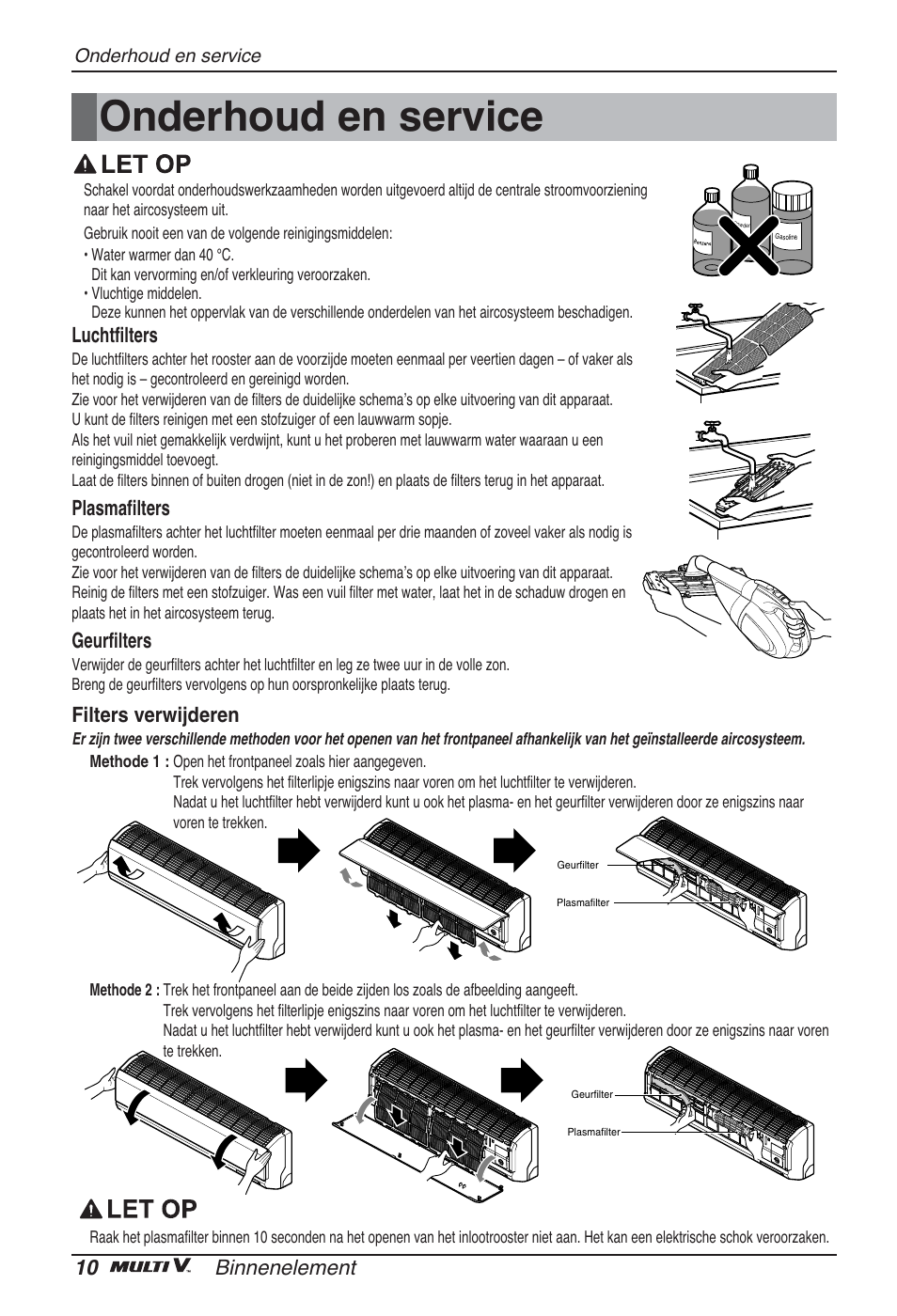 Onderhoud en service, 10 binnenelement, Luchtfilters | Plasmafilters, Geurfilters, Filters verwijderen | LG ARNU09GSEL2 User Manual | Page 94 / 205