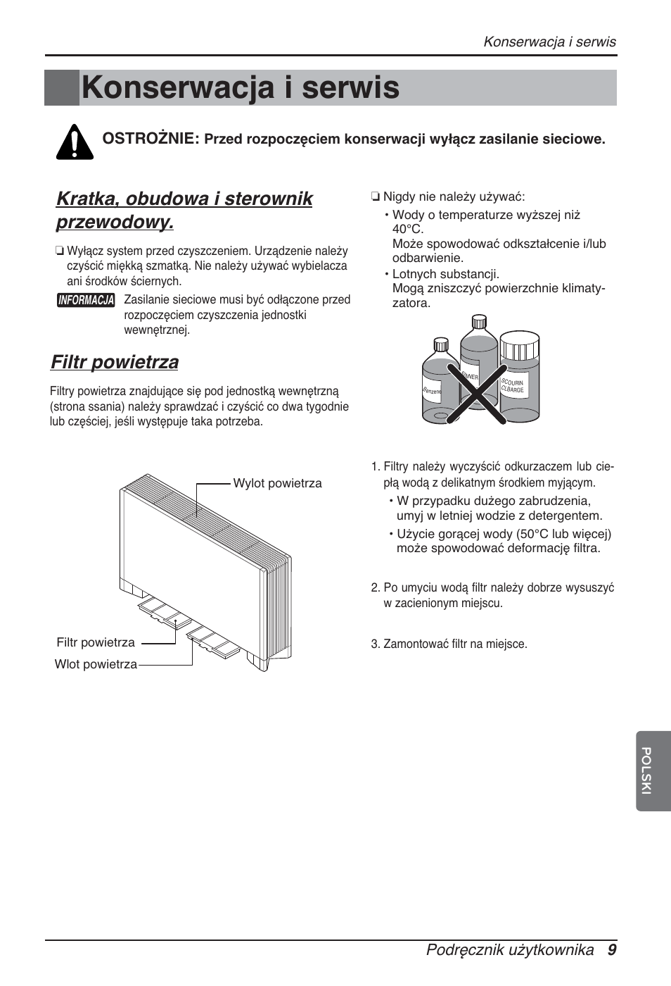 Konserwacja i serwis, Kratka, obudowa i sterownik przewodowy, Filtr powietrza | Podręcznik użytkownika 9, Ostrożnie | LG ARNU12GCEA2 User Manual | Page 105 / 205