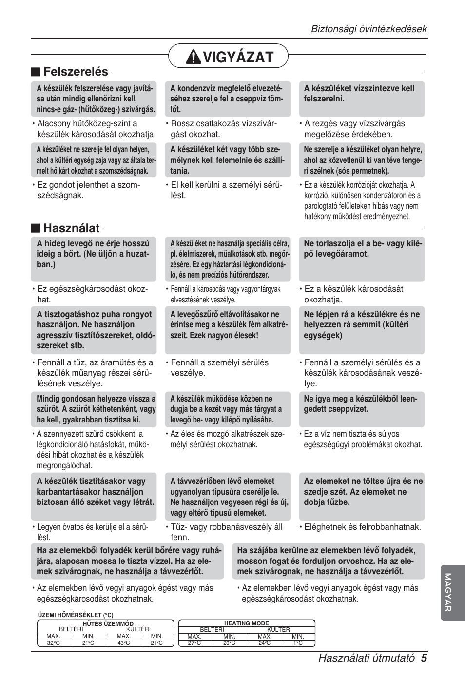 Vigyázat, N felszerelés, N használat | Használati útmutató 5, Biztonsági óvintézkedések | LG ARNU12GCEA2 User Manual | Page 113 / 205