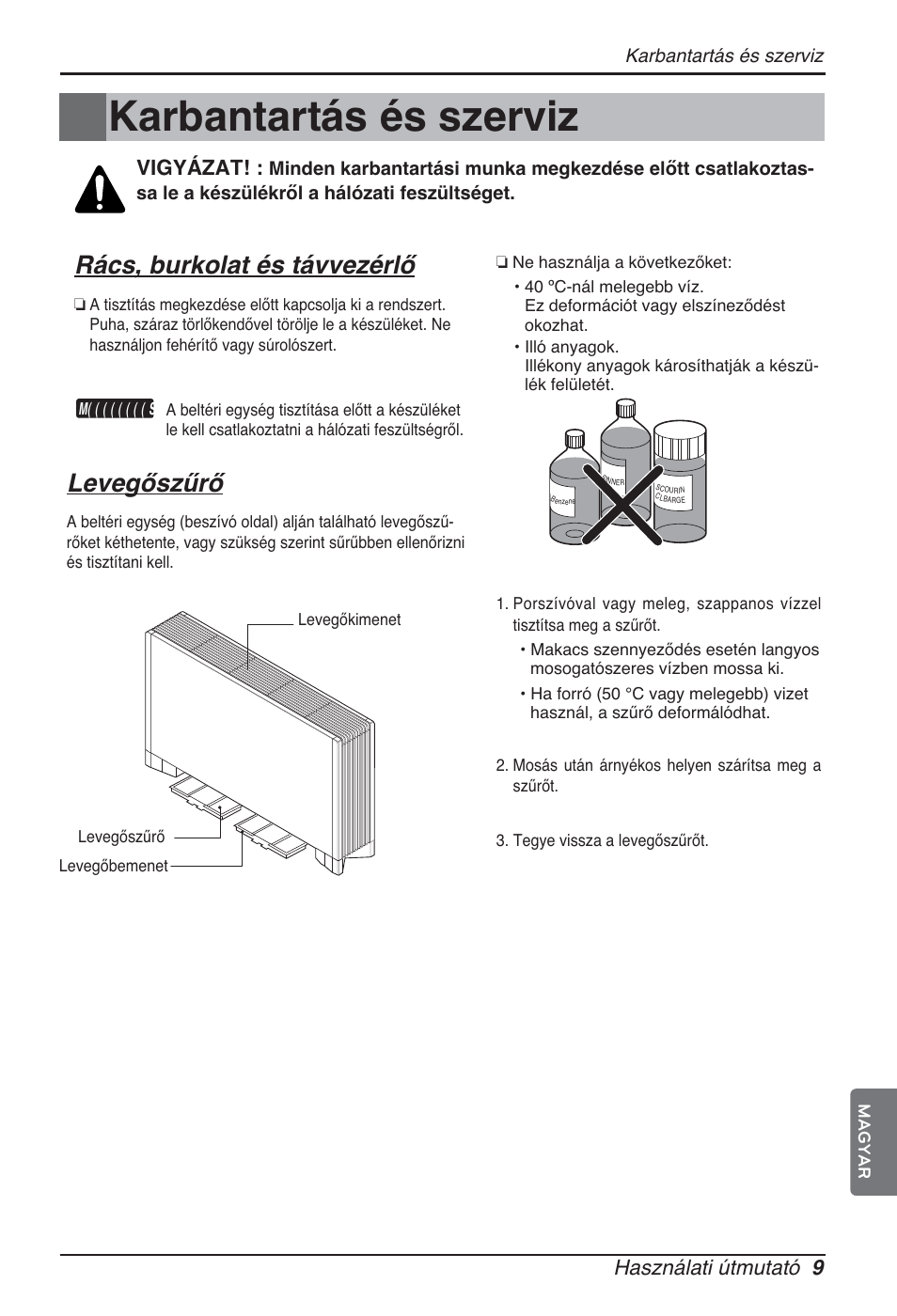 Karbantartás és szerviz, Rács, burkolat és távvezérlő, Levegőszűrő | Használati útmutató 9, Vigyázat | LG ARNU12GCEA2 User Manual | Page 117 / 205