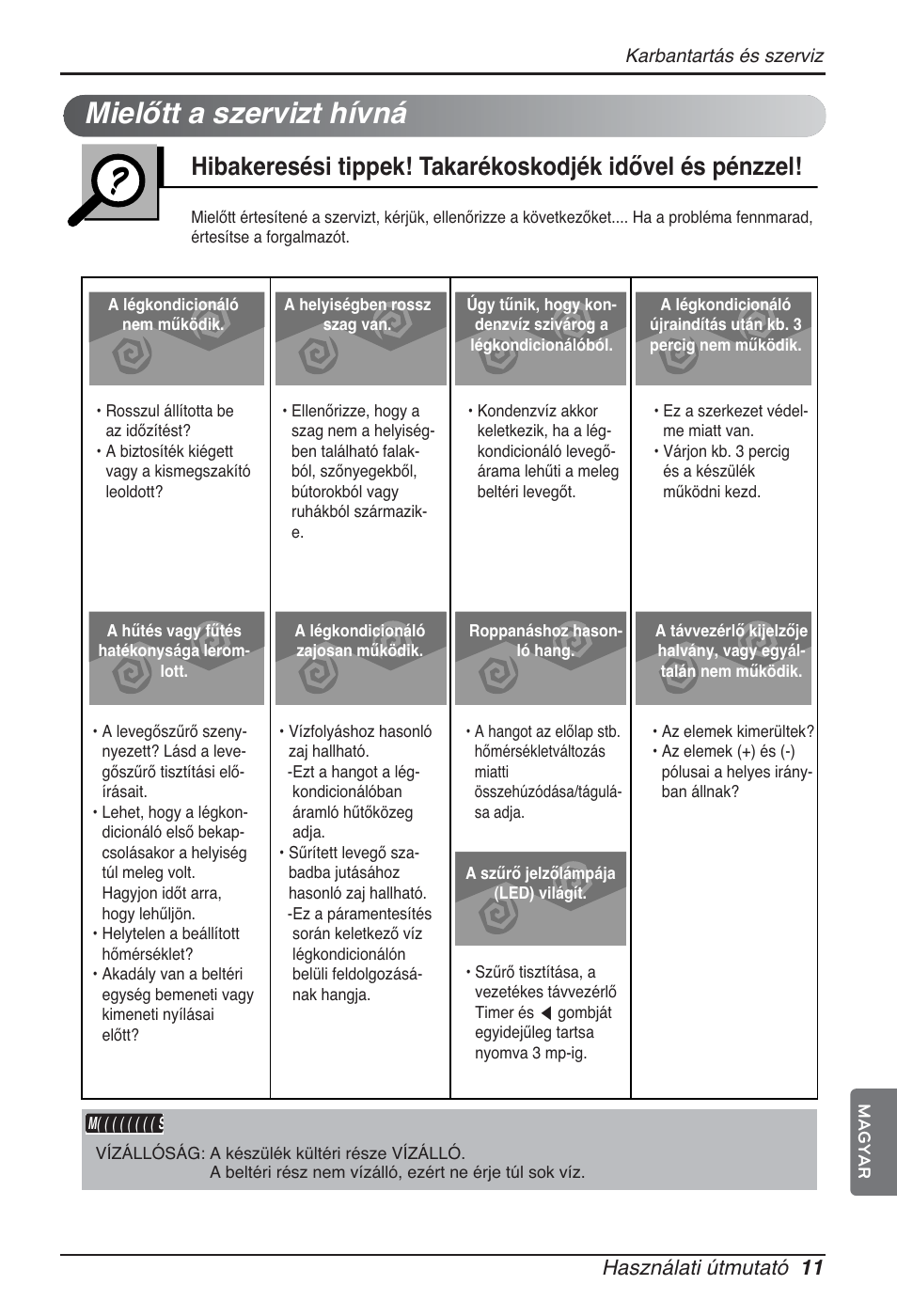 Mielőtt a szervizt hívná, Használati útmutató 11 | LG ARNU12GCEA2 User Manual | Page 119 / 205