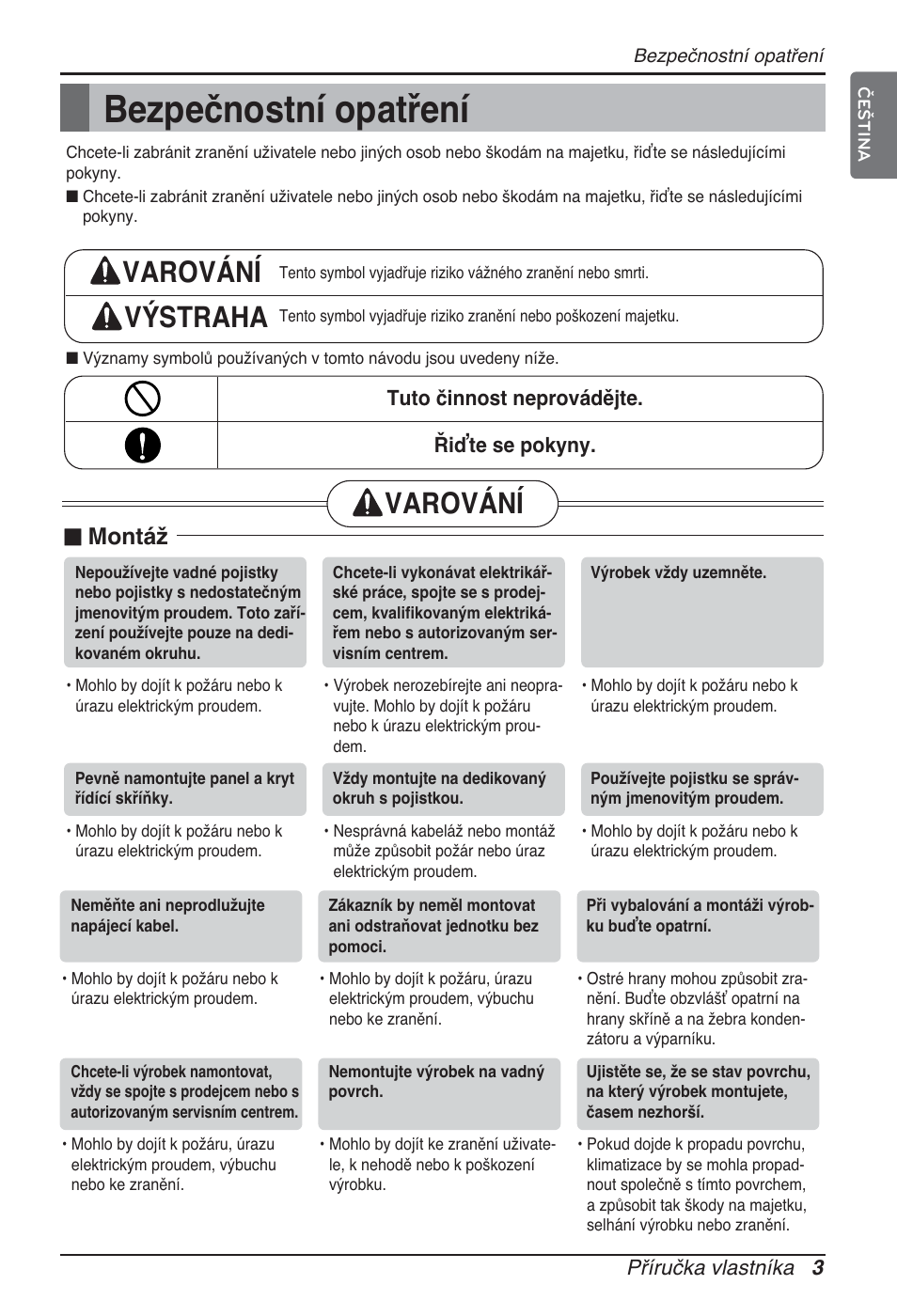 Bezpečnostní opatření, Varování výstraha, Varování | N montáž | LG ARNU12GCEA2 User Manual | Page 123 / 205