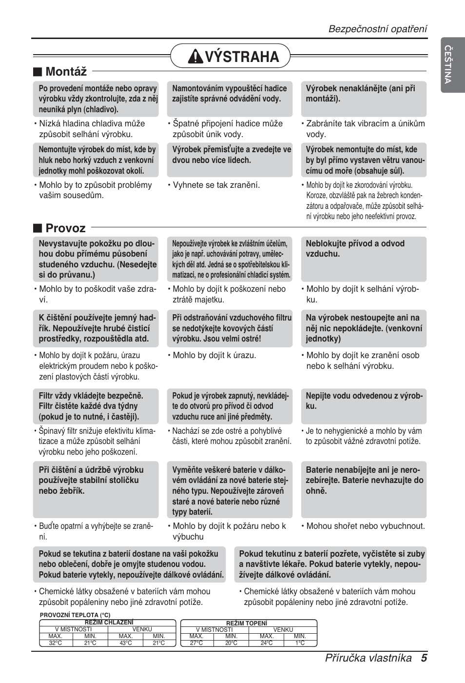 Výstraha, N montáž, N provoz | Příručka vlastníka 5, Bezpečnostní opatření | LG ARNU12GCEA2 User Manual | Page 125 / 205