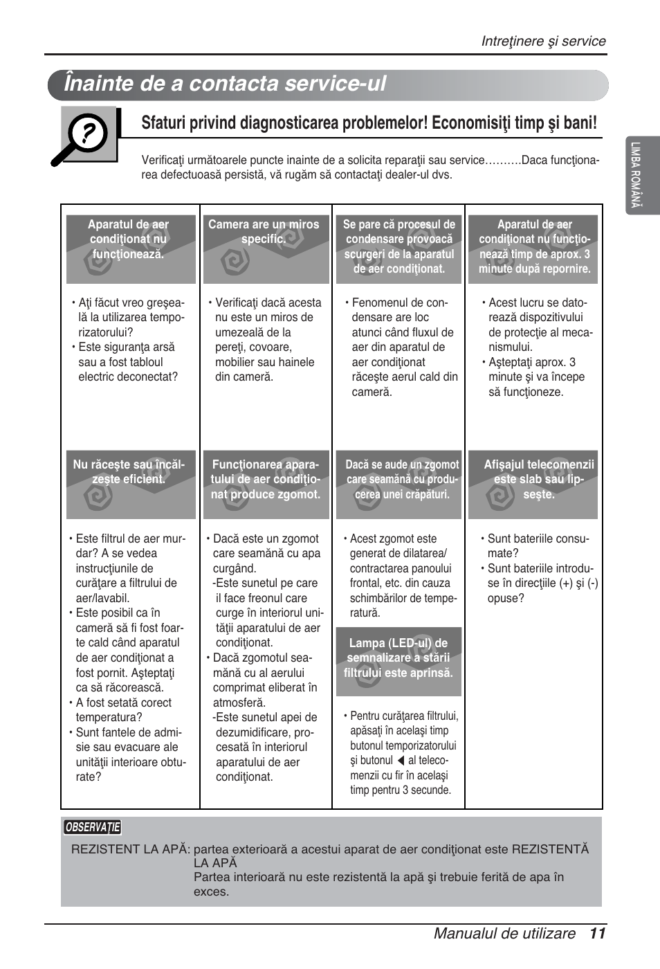 Înainte de a contacta service-ul, Manualul de utilizare 11 | LG ARNU12GCEA2 User Manual | Page 143 / 205