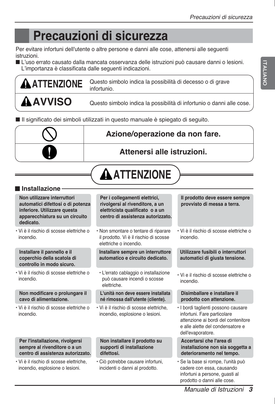 Precauzioni di sicurezza, Attenzione, Attenzione avviso | LG ARNU12GCEA2 User Manual | Page 15 / 205