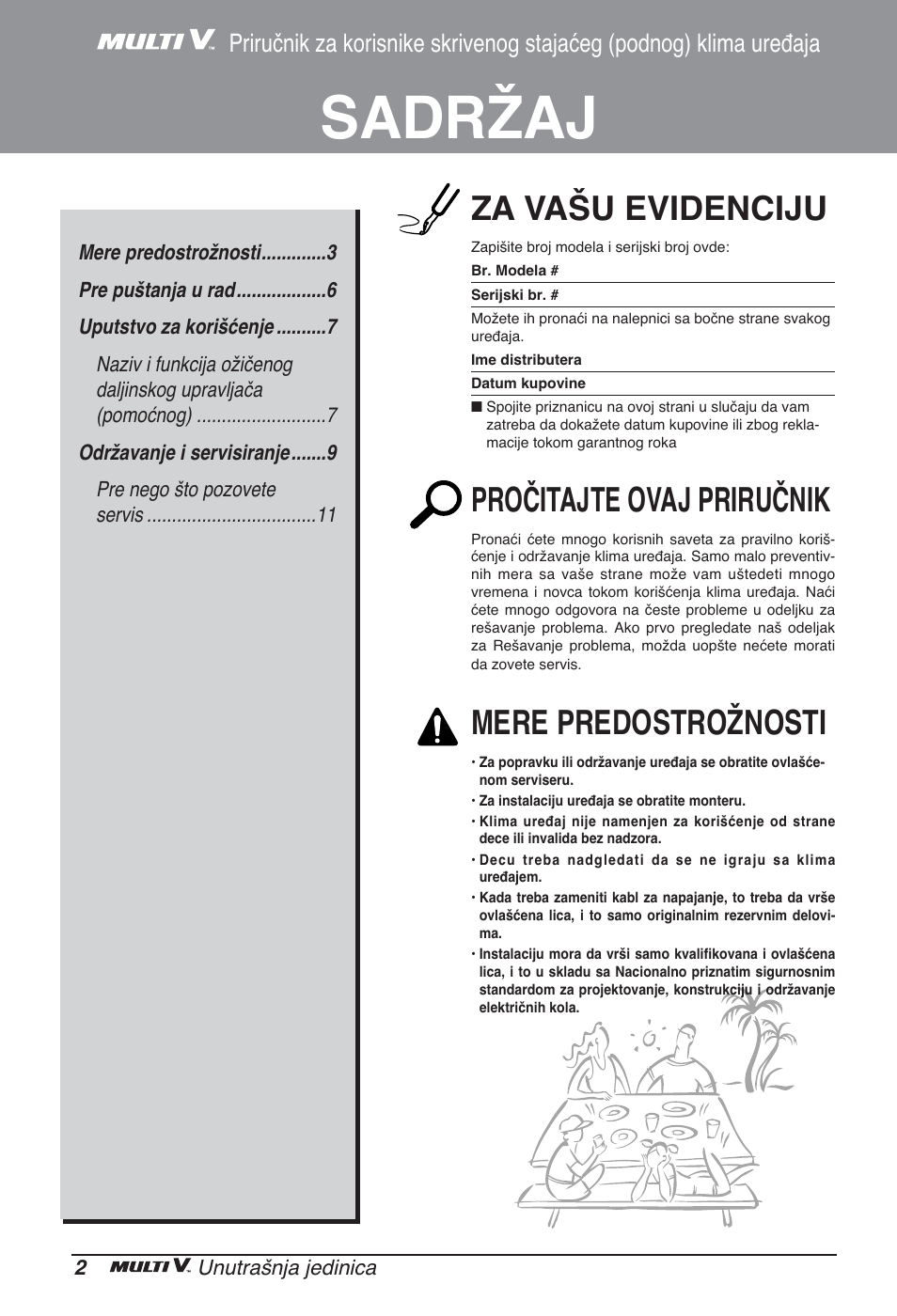 Sadržaj, Za vašu evidenciju, Pročitajte ovaj priručnik | Mere predostrožnosti | LG ARNU12GCEA2 User Manual | Page 158 / 205