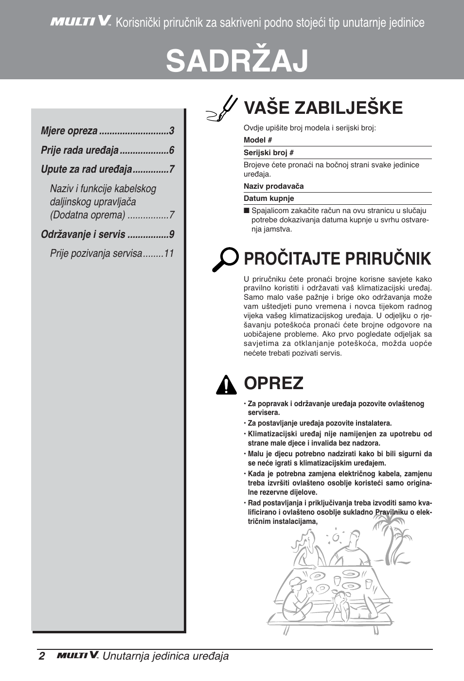 Sadržaj, Vaše zabilješke, Pročitajte priručnik | Oprez | LG ARNU12GCEA2 User Manual | Page 170 / 205