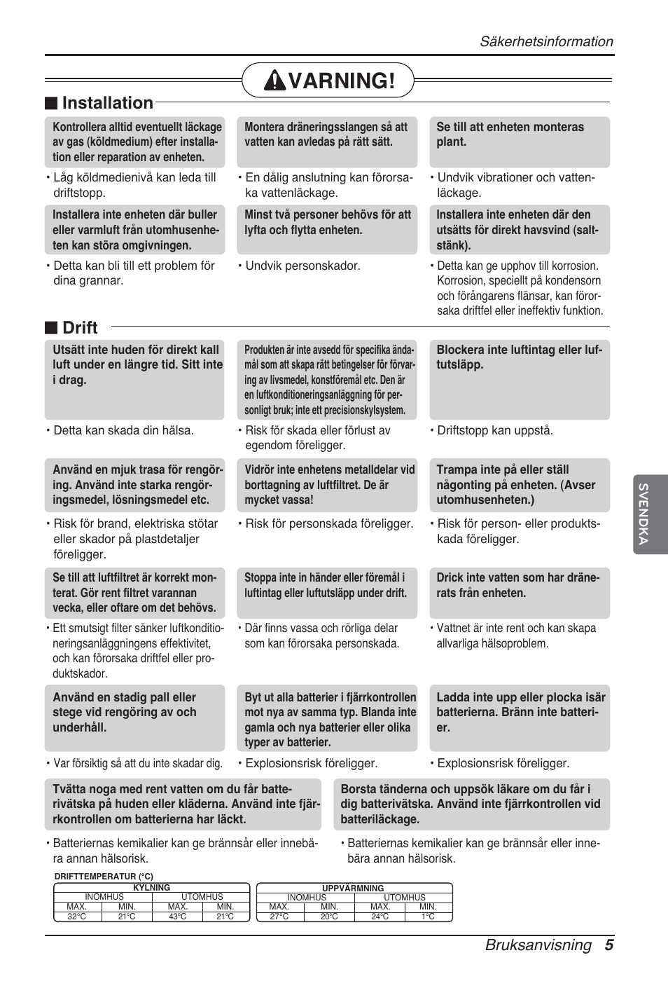 Varning, N installation, N drift | Bruksanvisning 5, Säkerhetsinformation | LG ARNU12GCEA2 User Manual | Page 185 / 205