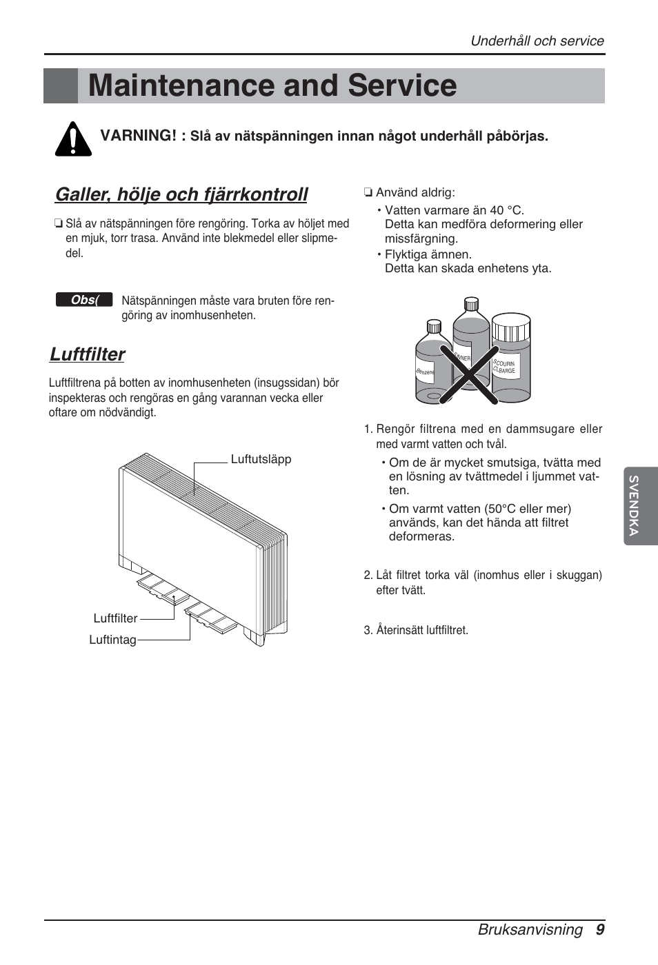 Maintenance and service, Galler, hölje och fjärrkontroll, Luftfilter | Bruksanvisning 9, Varning | LG ARNU12GCEA2 User Manual | Page 189 / 205