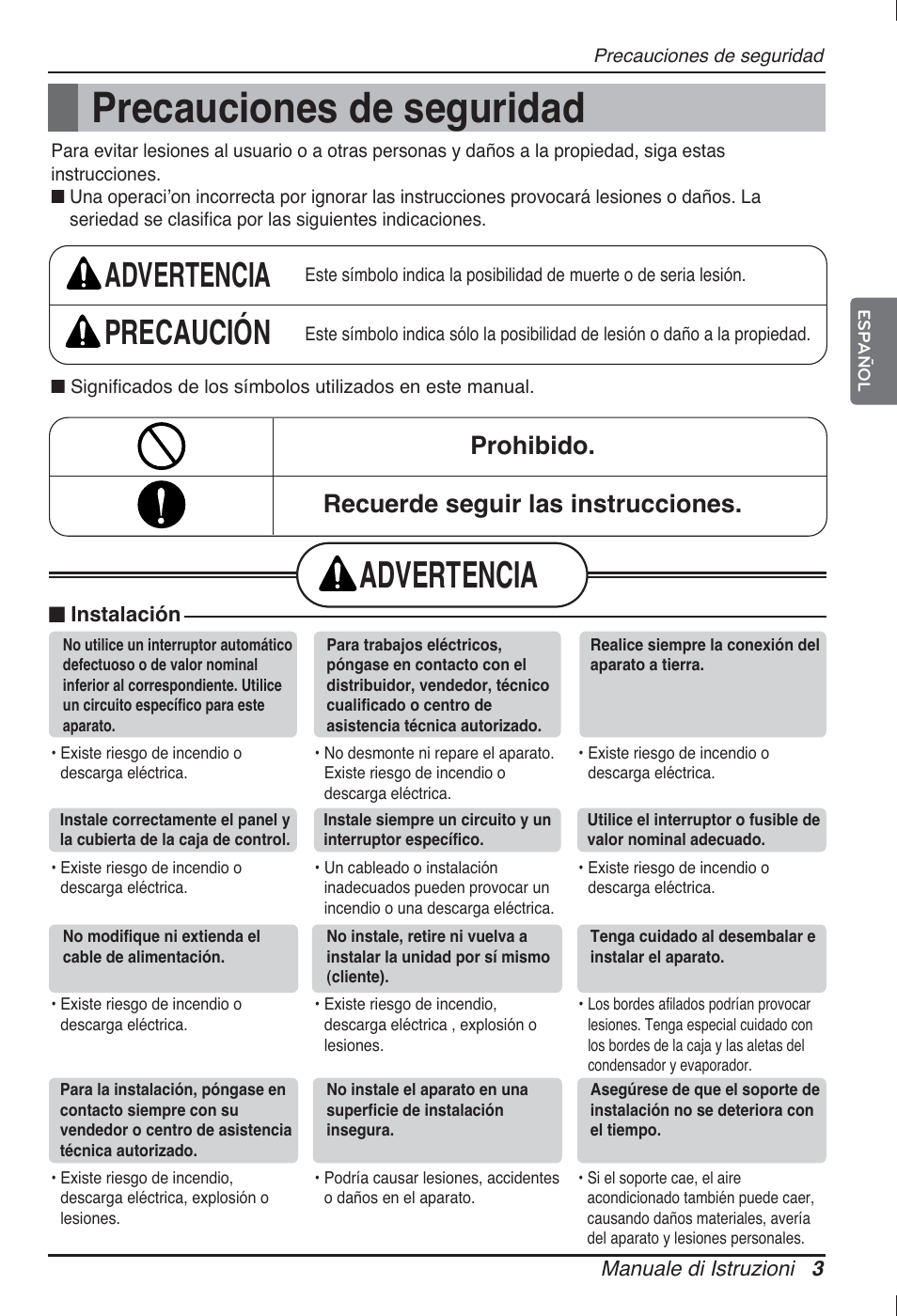 Precauciones de seguridad, Advertencia, Advertencia precaución | Prohibido. recuerde seguir las instrucciones | LG ARNU12GCEA2 User Manual | Page 27 / 205