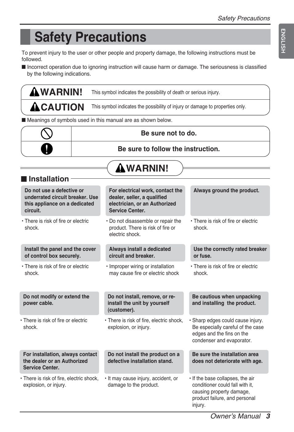 Safety precautions, Warning caution, Warning | N installation | LG ARNU12GCEA2 User Manual | Page 3 / 205