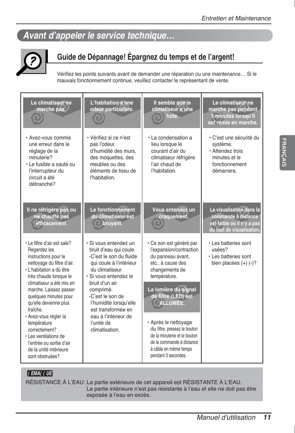 Avant dʼappeler le service technique, Manuel d'utilisation 11 | LG ARNU12GCEA2 User Manual | Page 47 / 205