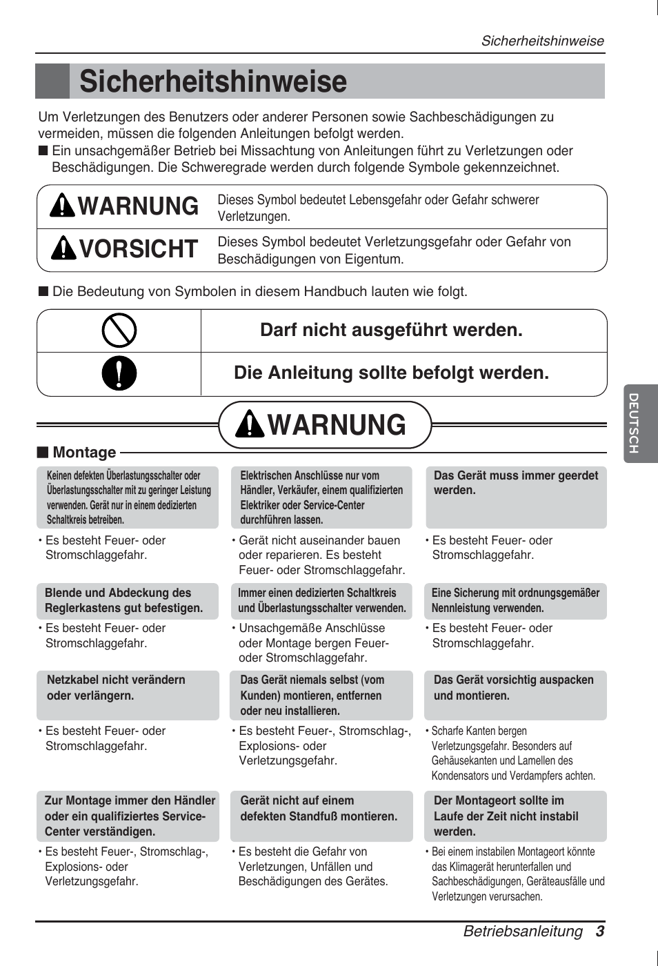 Sicherheitshinweise, Warnung, Warnung vorsicht | LG ARNU12GCEA2 User Manual | Page 51 / 205