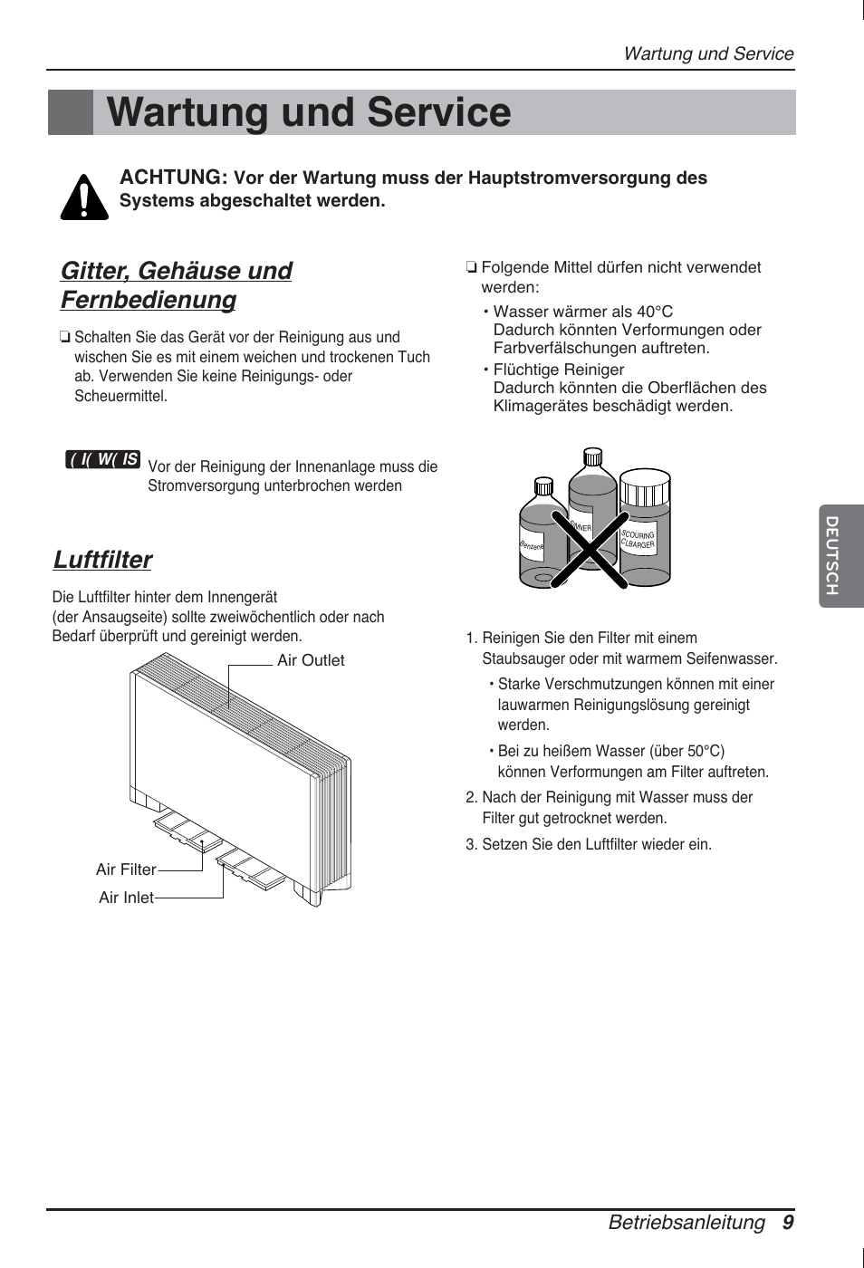 Wartung und service, Gitter, gehäuse und fernbedienung, Luftfilter | Betriebsanleitung 9, Achtung | LG ARNU12GCEA2 User Manual | Page 57 / 205