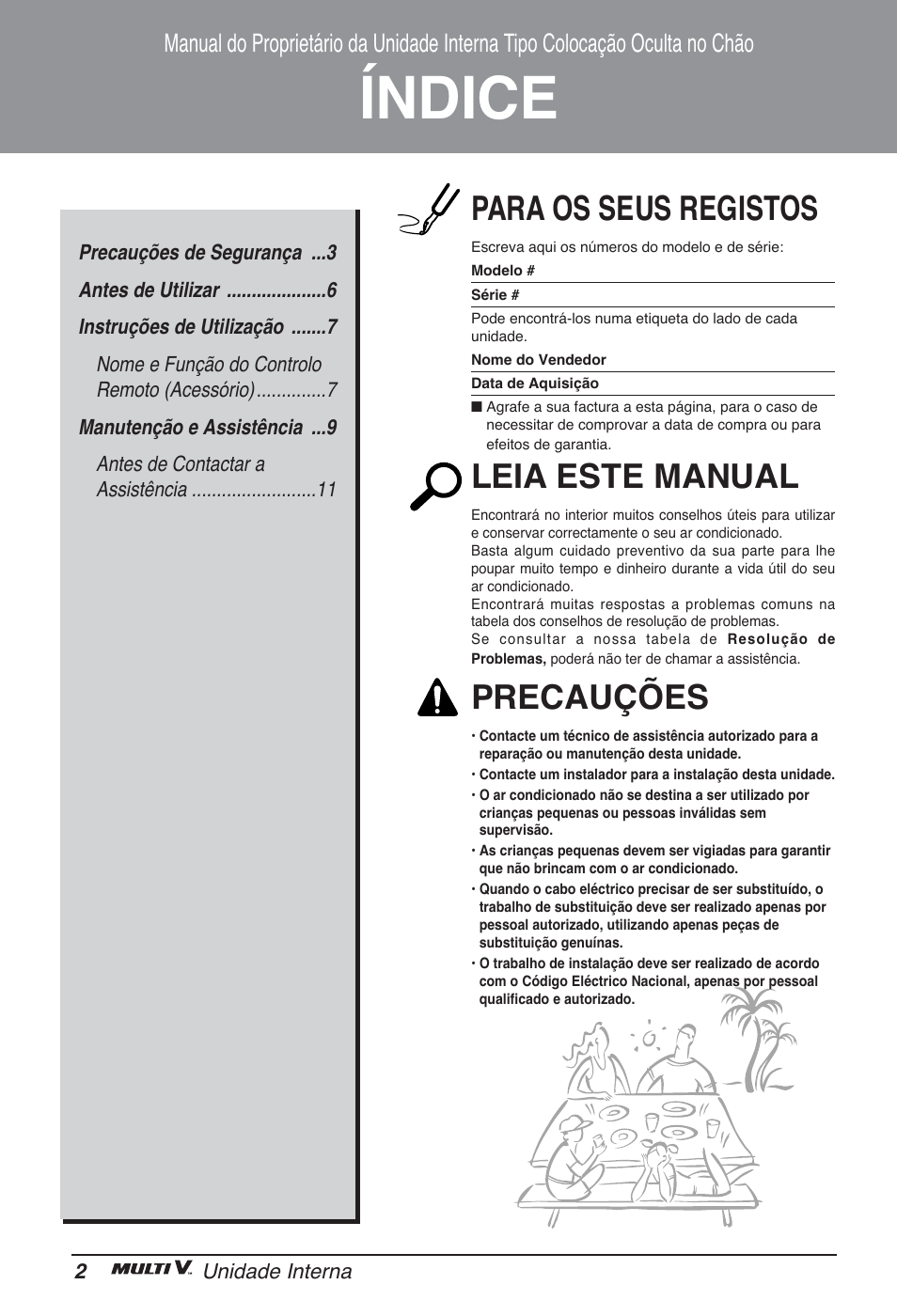 Índice, Para os seus registos, Leia este manual | Precauções | LG ARNU12GCEA2 User Manual | Page 74 / 205