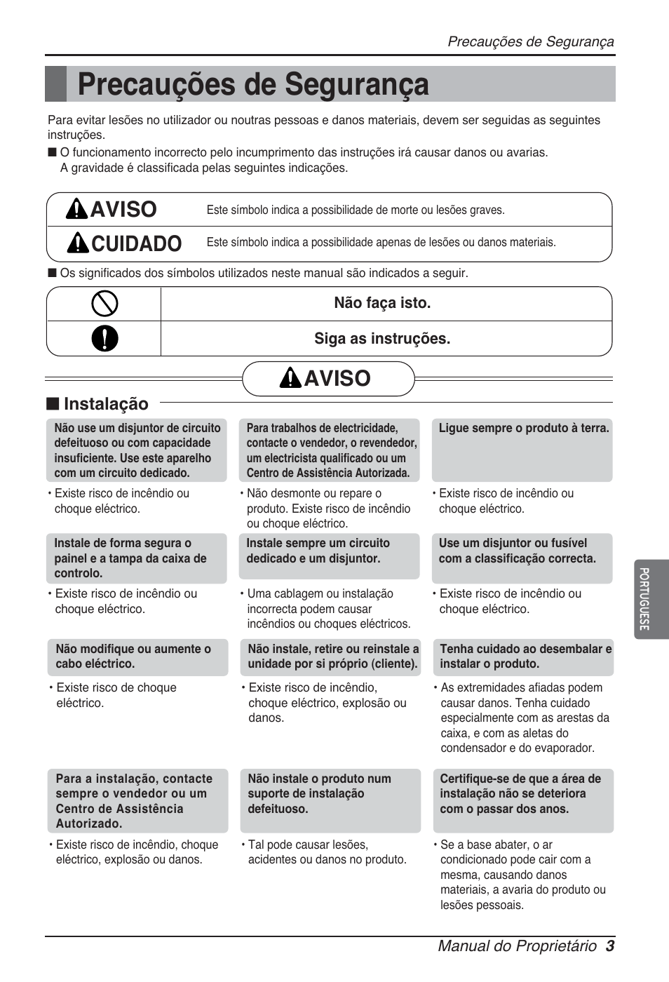 Precauções de segurança, Aviso cuidado, Aviso | N instalação | LG ARNU12GCEA2 User Manual | Page 75 / 205