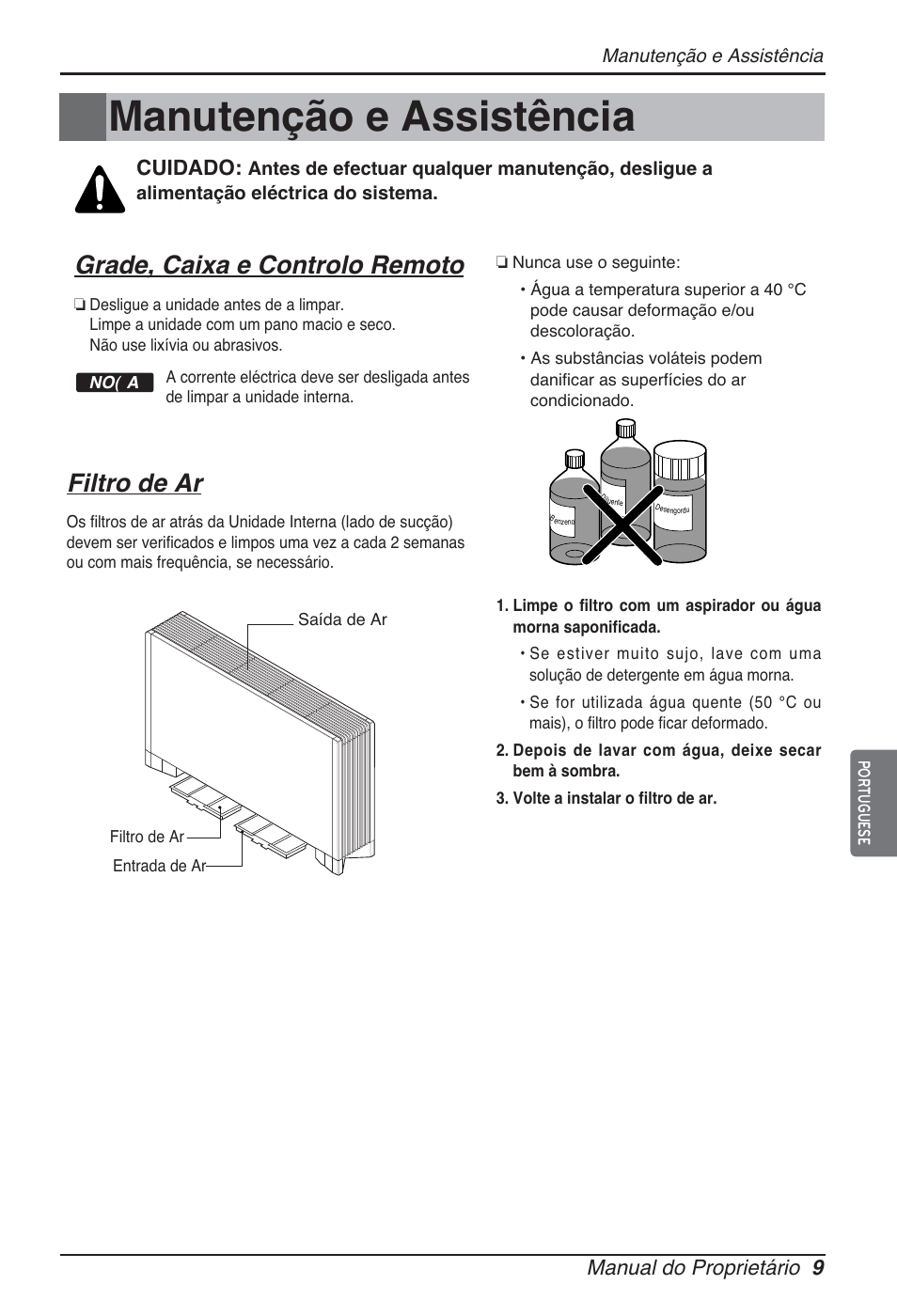 Manutenção e assistência, Grade, caixa e controlo remoto, Filtro de ar | Manual do proprietário 9, Cuidado | LG ARNU12GCEA2 User Manual | Page 81 / 205