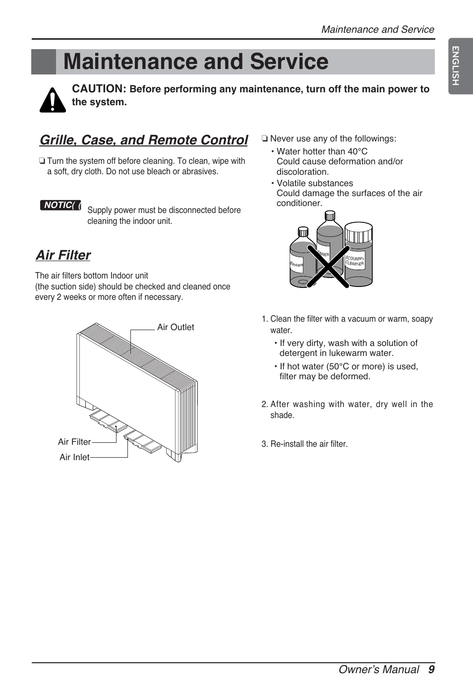 Maintenance and service, Grille, case, and remote control, Air filter | Ownerʼs manual 9, Caution | LG ARNU12GCEA2 User Manual | Page 9 / 205