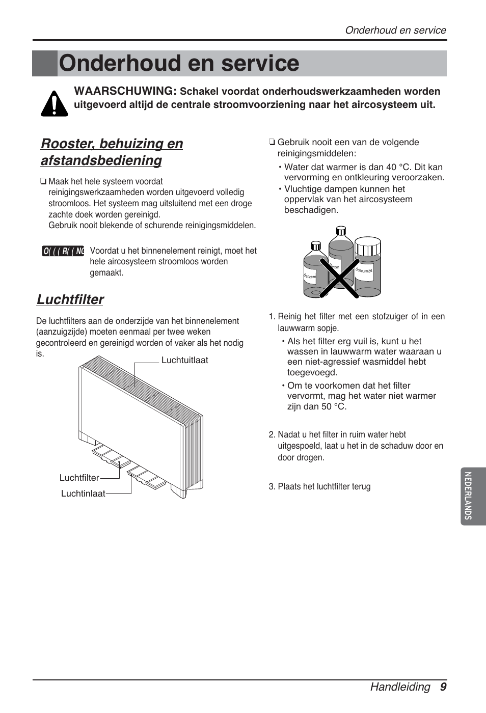 Onderhoud en service, Rooster, behuizing en afstandsbediening, Luchtfilter | Handleiding 9, Waarschuwing | LG ARNU12GCEA2 User Manual | Page 93 / 205