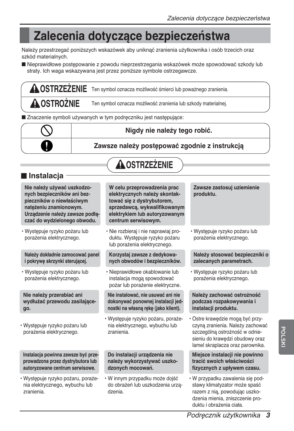 Zalecenia dotyczące bezpieczeństwa, Ostrzeżenie ostrożnie, Ostrzeżenie | N instalacja | LG ARNU12GCEA2 User Manual | Page 99 / 205