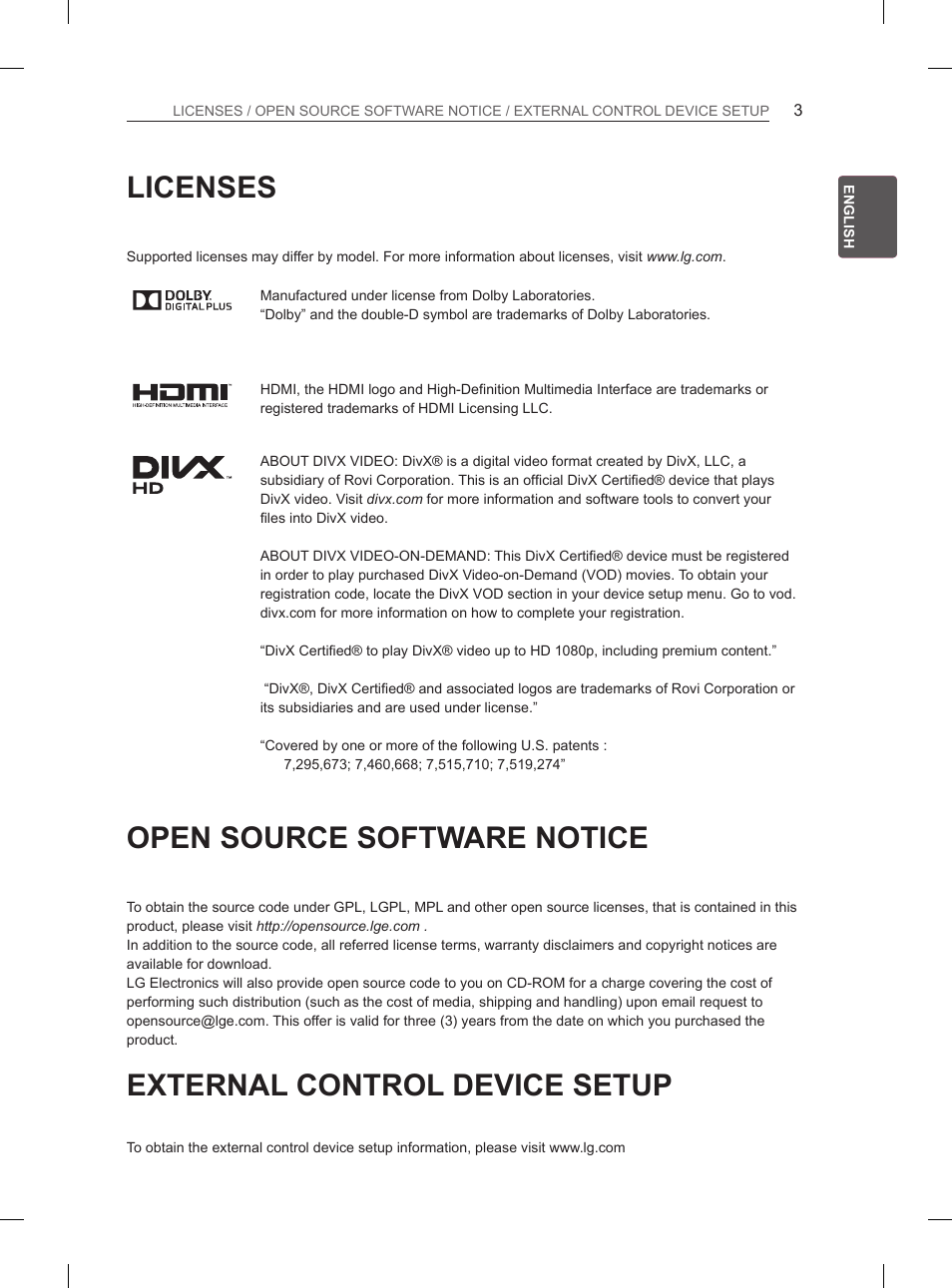 Licenses, Open source software notice, External control device setup | LG 50PN6500 User Manual | Page 10 / 371