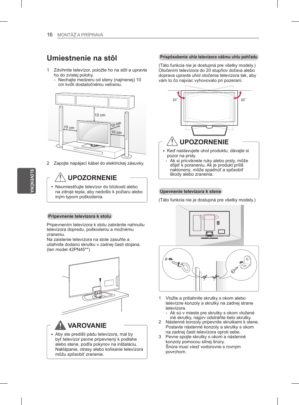 Umiestnenie na stôl, Upozornenie, Varovanie | LG 50PN6500 User Manual | Page 103 / 371