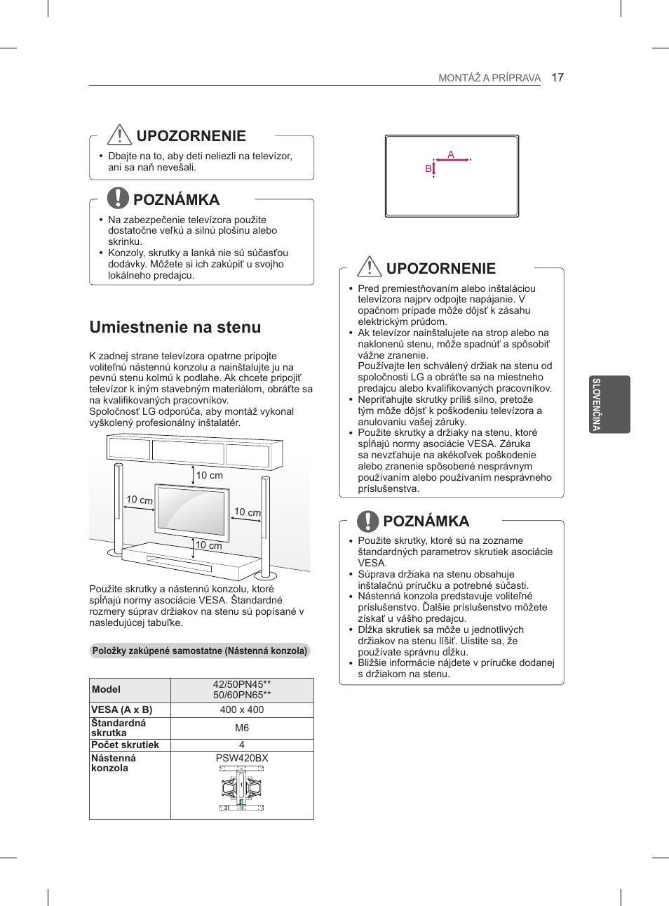 Umiestnenie na stenu, Upozornenie, Poznámka | LG 50PN6500 User Manual | Page 104 / 371