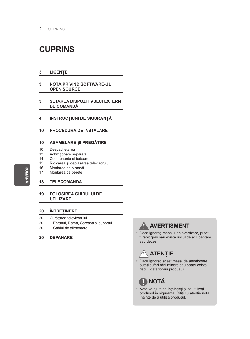 Cuprins, Avertisment, Atenţie | Notă | LG 50PN6500 User Manual | Page 109 / 371