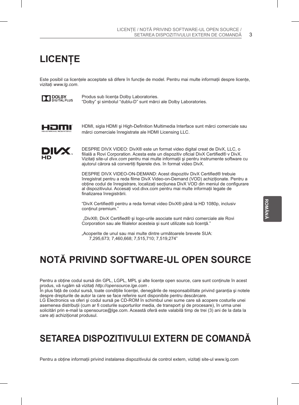 Licenţe, Notă privind software-ul open source, Setarea dispozitivului extern de comandă | LG 50PN6500 User Manual | Page 110 / 371