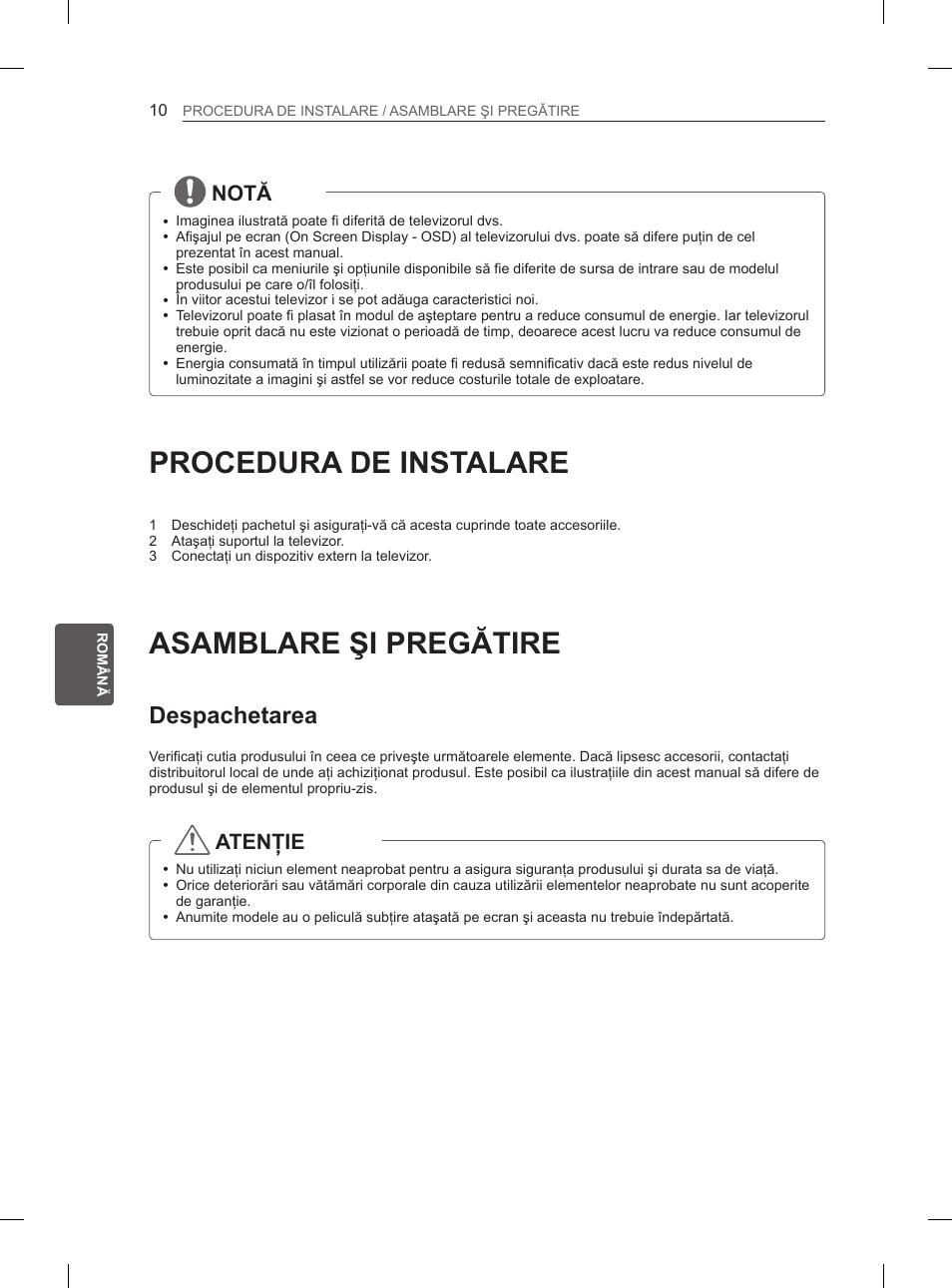 Procedura de instalare, Asamblare şi pregătire, Despachetarea | Notă, Atenţie | LG 50PN6500 User Manual | Page 117 / 371