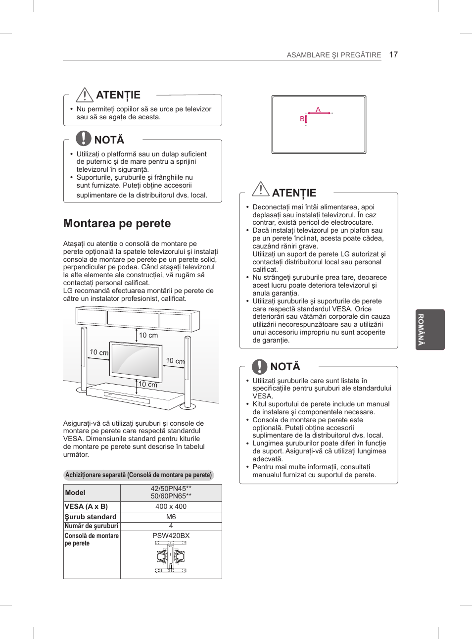 Montarea pe perete, Atenţie, Notă | LG 50PN6500 User Manual | Page 124 / 371