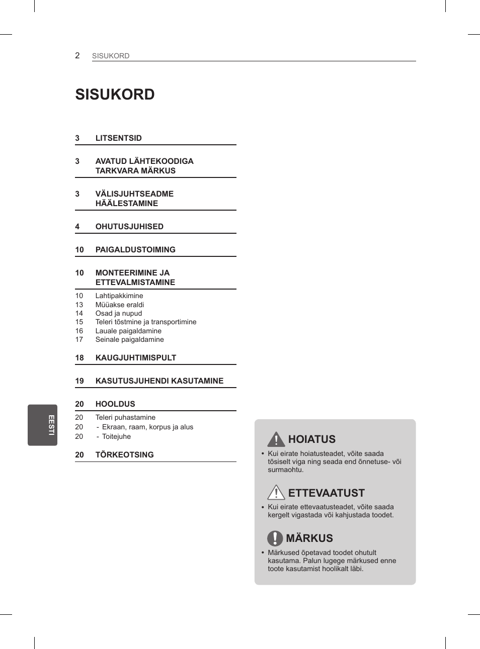 Sisukord, Hoiatus, Ettevaatust | Märkus | LG 50PN6500 User Manual | Page 149 / 371