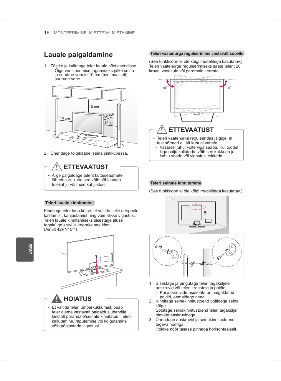 Lauale paigaldamine, Ettevaatust, Hoiatus | LG 50PN6500 User Manual | Page 163 / 371