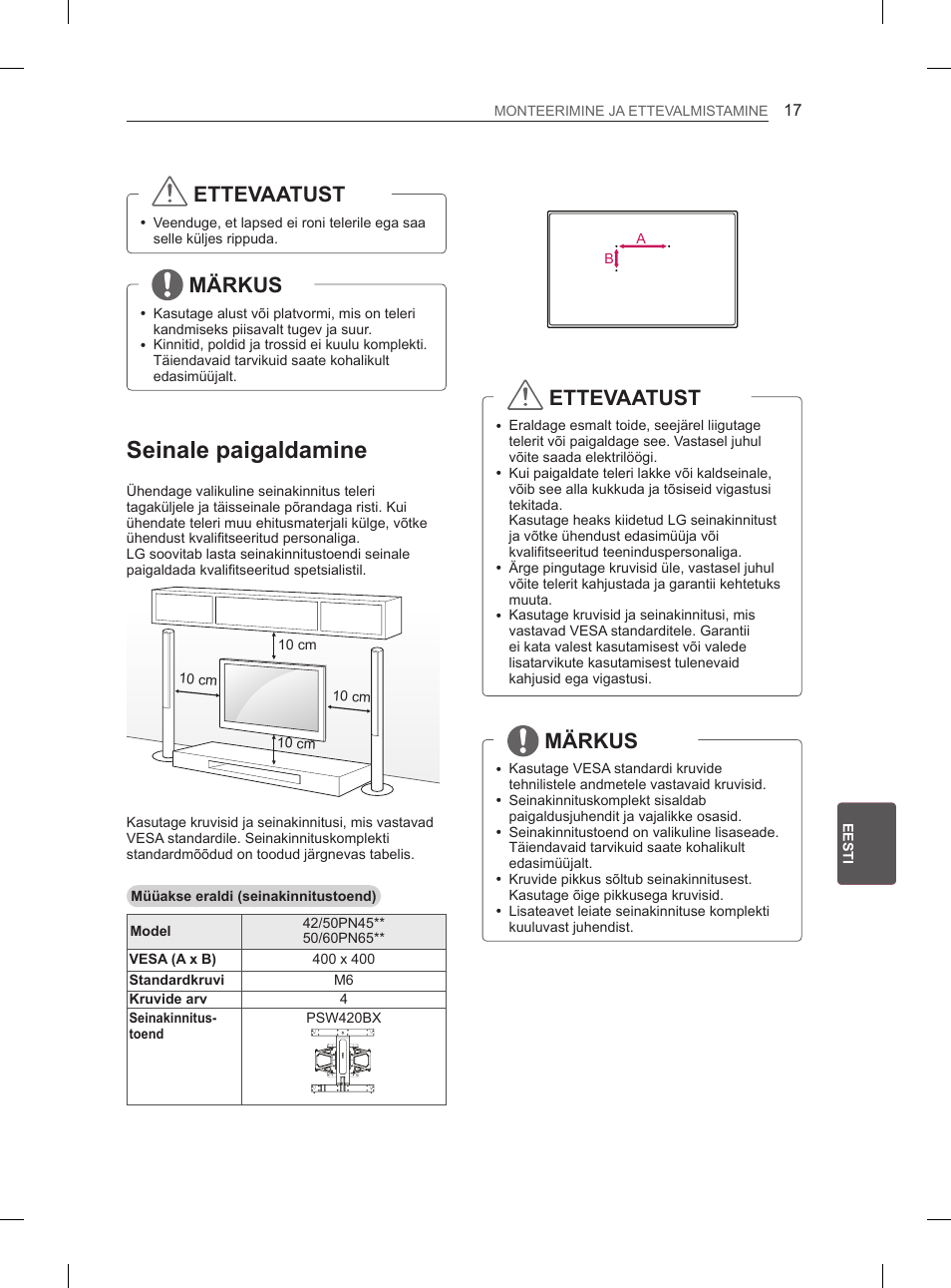 Seinale paigaldamine, Ettevaatust, Märkus | LG 50PN6500 User Manual | Page 164 / 371