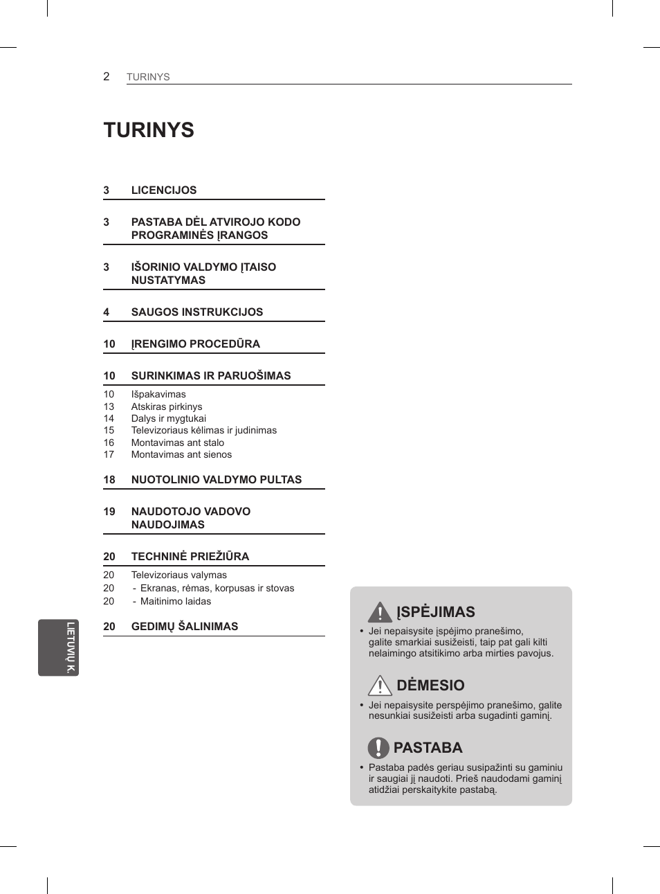 Turinys, Įspėjimas, Dėmesio | Pastaba | LG 50PN6500 User Manual | Page 169 / 371