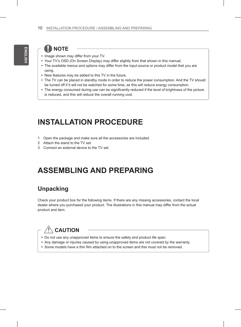 Installation procedure, Assembling and preparing, Unpacking | Caution | LG 50PN6500 User Manual | Page 17 / 371