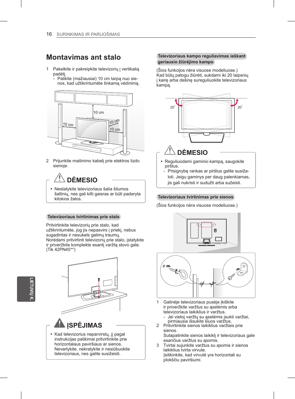 Montavimas ant stalo, Dėmesio, Įspėjimas | LG 50PN6500 User Manual | Page 183 / 371