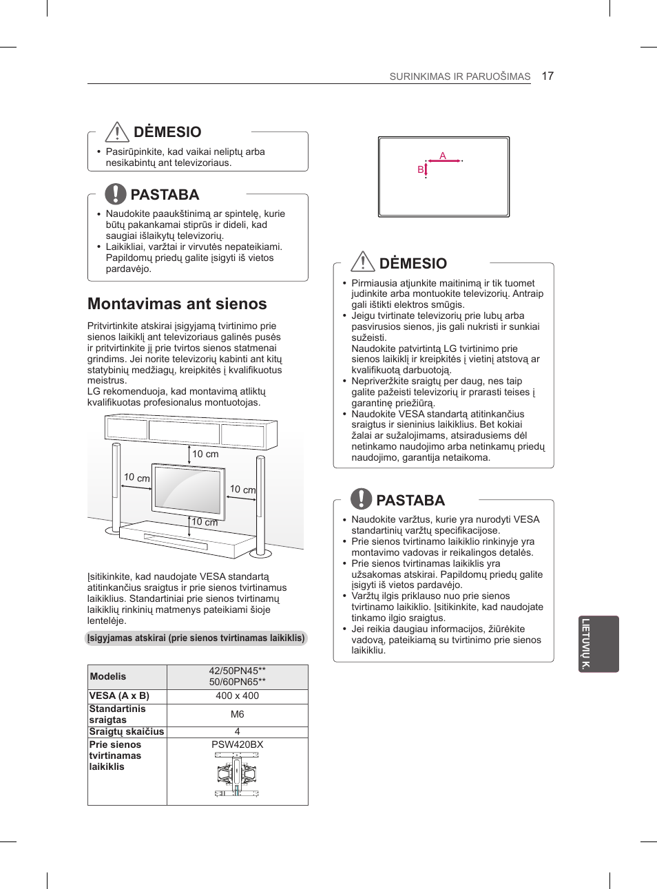 Montavimas ant sienos, Dėmesio, Pastaba | LG 50PN6500 User Manual | Page 184 / 371