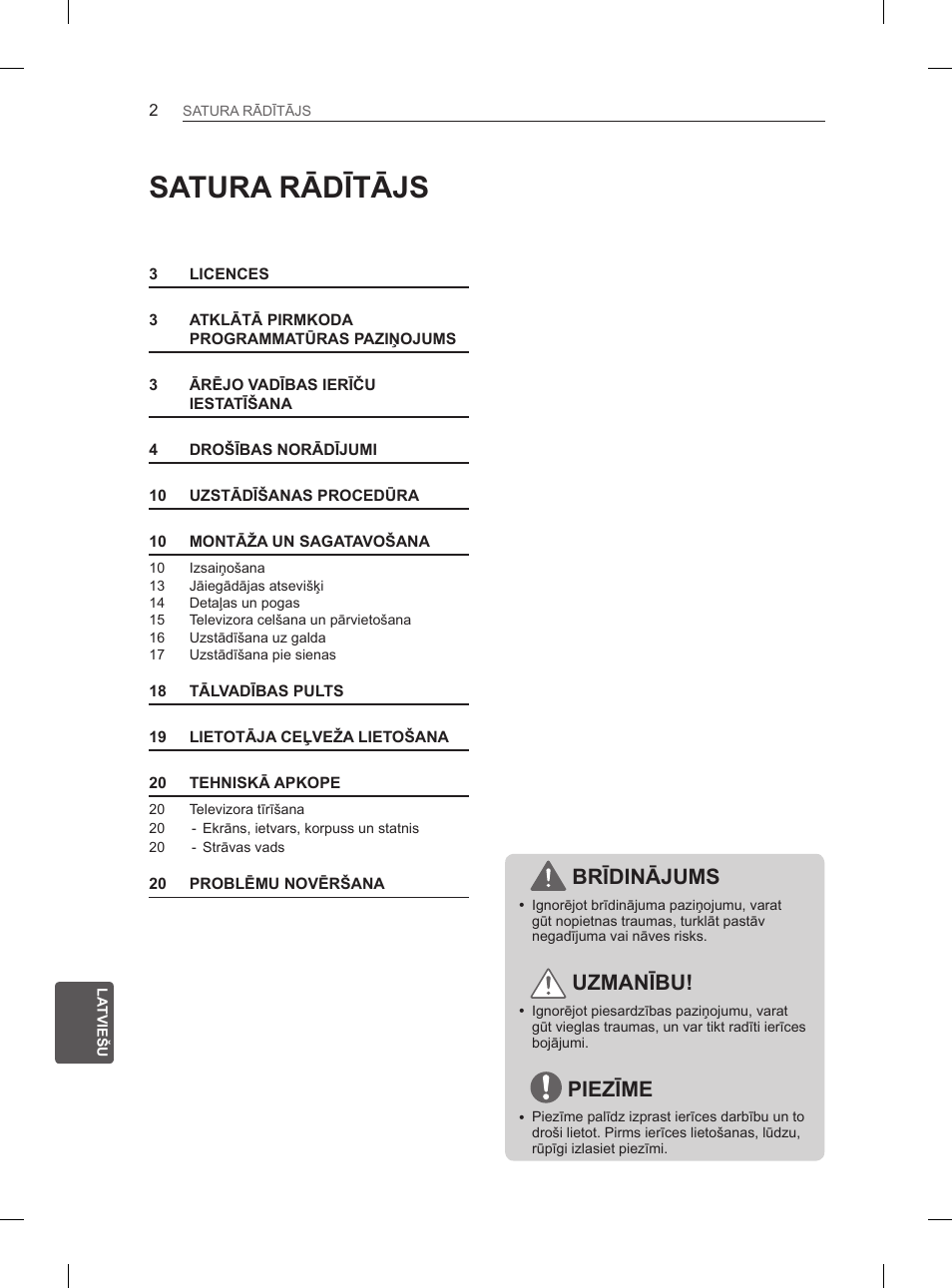 Satura rādītājs, Brīdinājums, Uzmanību | Piezīme | LG 50PN6500 User Manual | Page 189 / 371