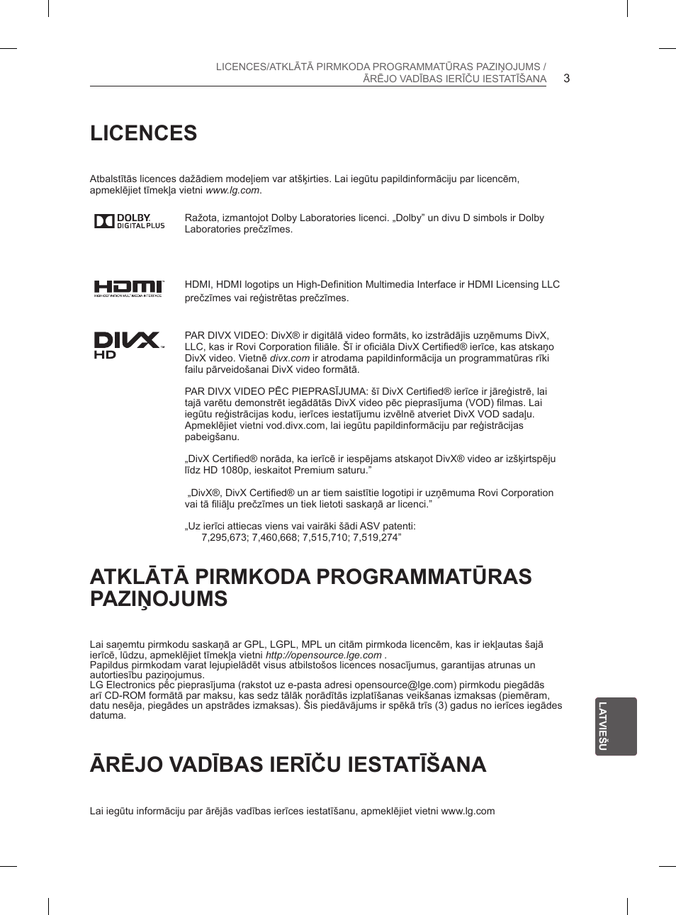 Licences, Atklātā pirmkoda programmatūras paziņojums, Ārējo vadības ierīču iestatīšana | LG 50PN6500 User Manual | Page 190 / 371