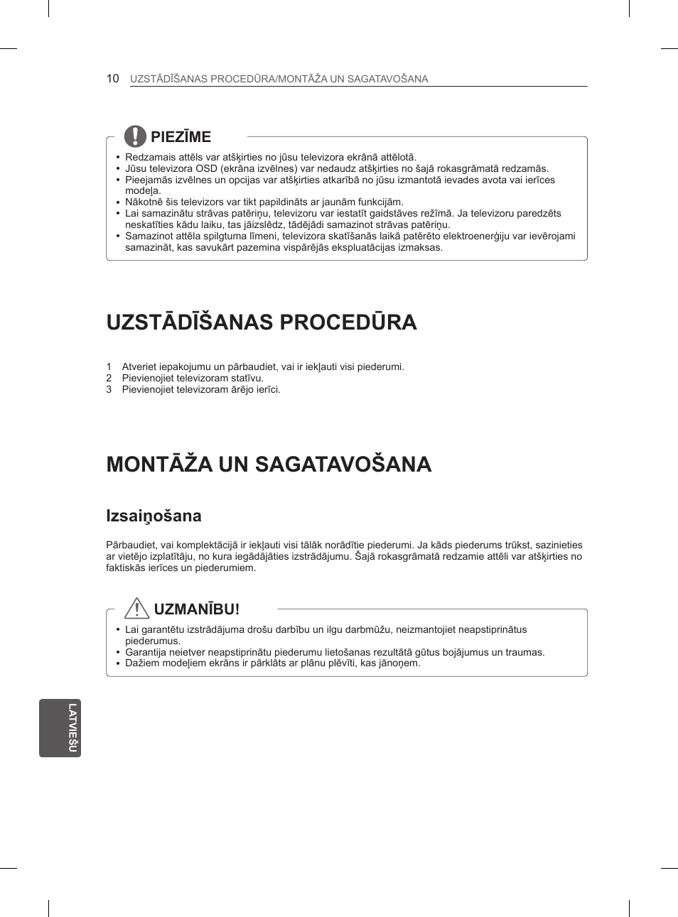 Uzstādīšanas procedūra, Montāža un sagatavošana, Izsaiņošana | Piezīme, Uzmanību | LG 50PN6500 User Manual | Page 197 / 371