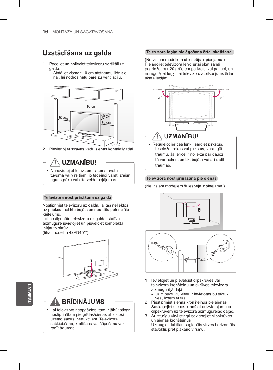 Uzstādīšana uz galda, Uzmanību, Brīdinājums | LG 50PN6500 User Manual | Page 203 / 371