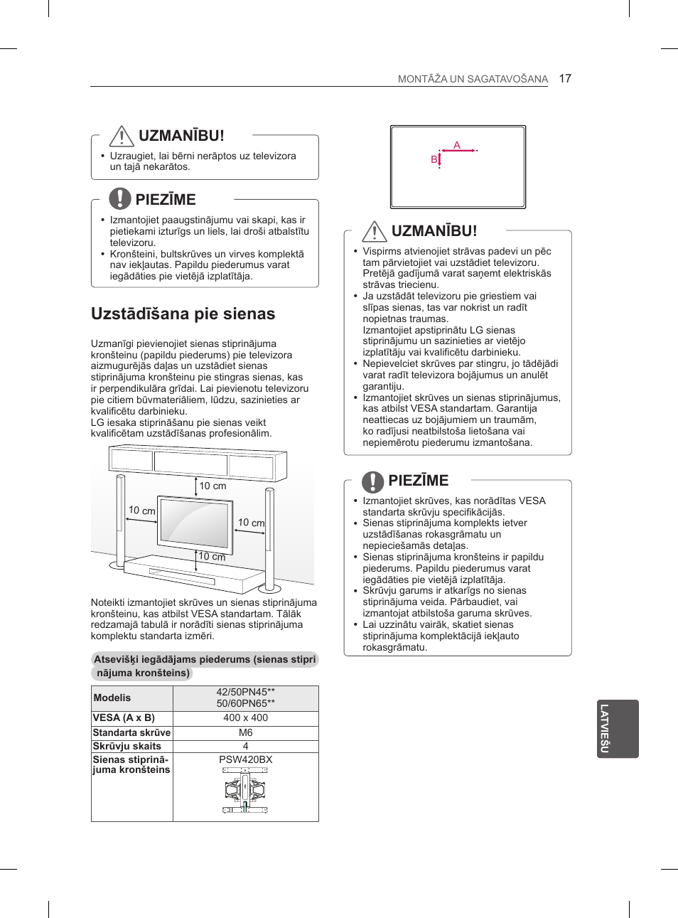 Uzstādīšana pie sienas, Uzmanību, Piezīme | LG 50PN6500 User Manual | Page 204 / 371