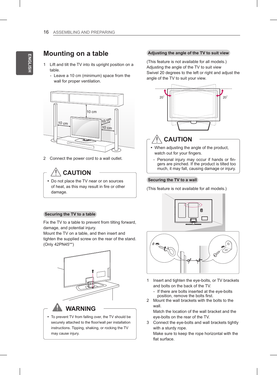 Mounting on a table, Caution, Warning | LG 50PN6500 User Manual | Page 23 / 371