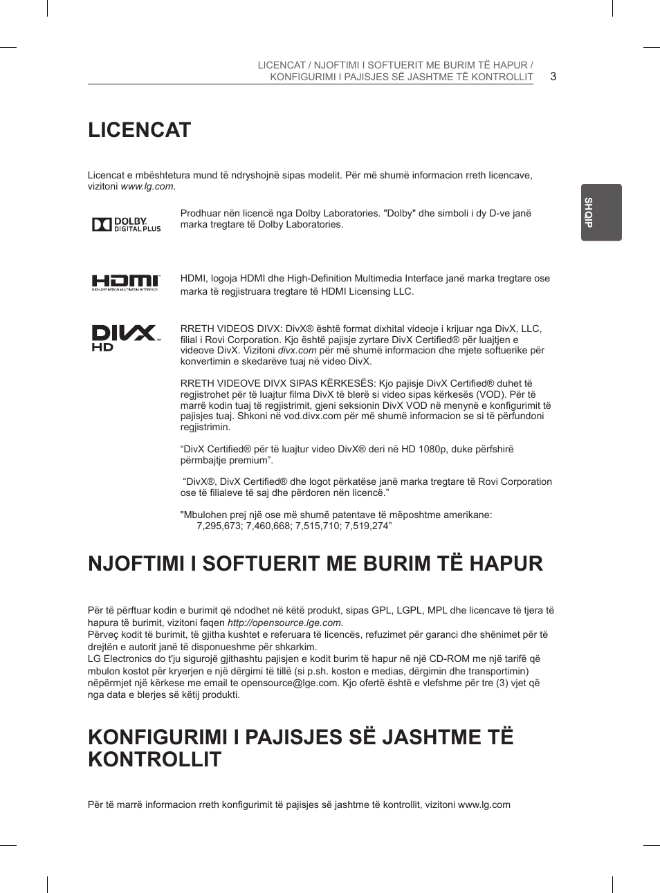 Licencat, Njoftimi i softuerit me burim të hapur, Konfigurimi i pajisjes së jashtme të kontrollit | LG 50PN6500 User Manual | Page 230 / 371