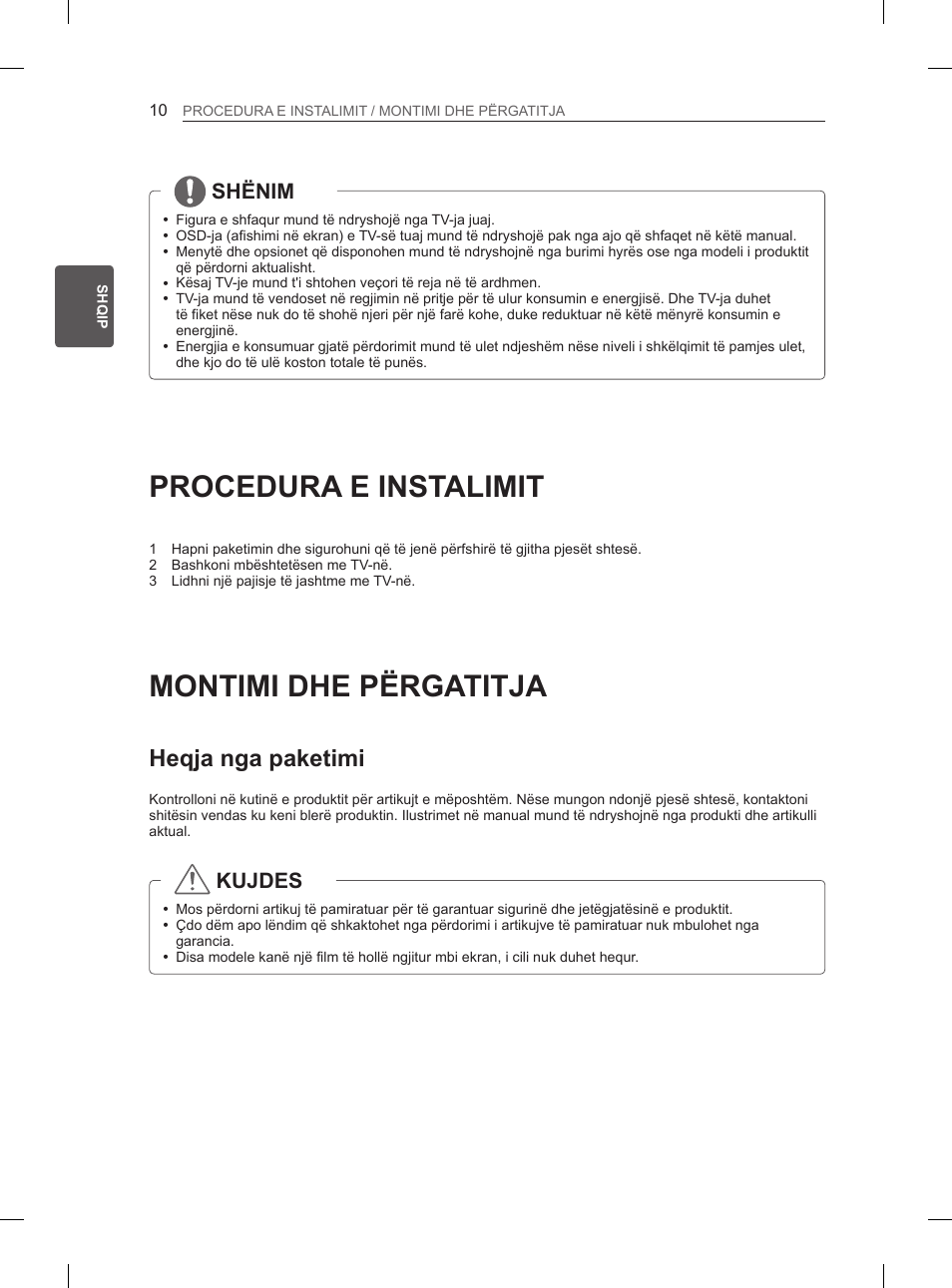 Procedura e instalimit, Montimi dhe përgatitja, Heqja nga paketimi | Shënim, Kujdes | LG 50PN6500 User Manual | Page 237 / 371