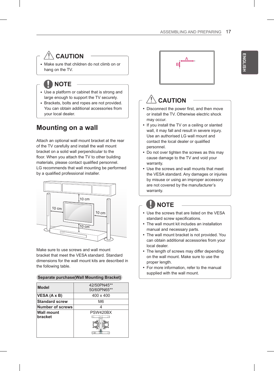 Mounting on a wall, Caution | LG 50PN6500 User Manual | Page 24 / 371