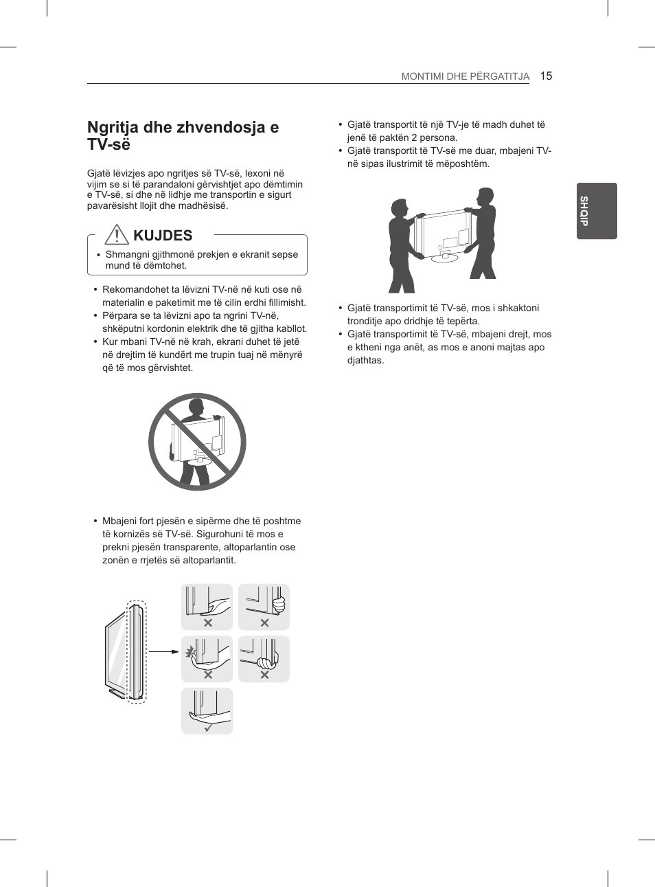 Ngritja dhe zhvendosja e tv-së, Kujdes | LG 50PN6500 User Manual | Page 242 / 371